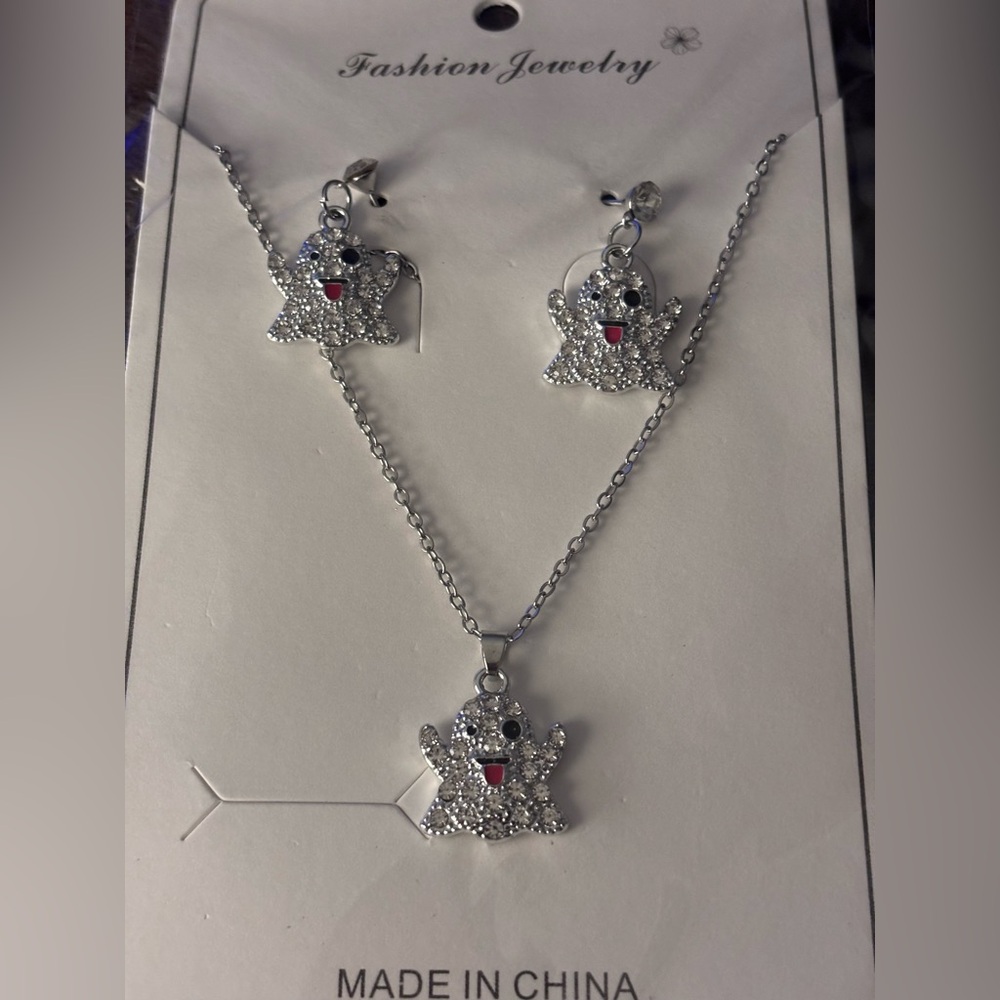 Fashion Jewelry Silver Crystal Ghost Pendant Necklace & Earrings Set
